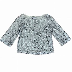 Jennifer Lopez Sequin Crop Top XS 3/4 Sleeve Boatneck Metallic Blouse